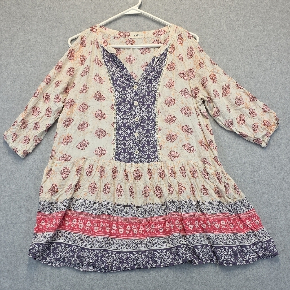 Cream and Blue Casual Sundress with Bishop Sleeves